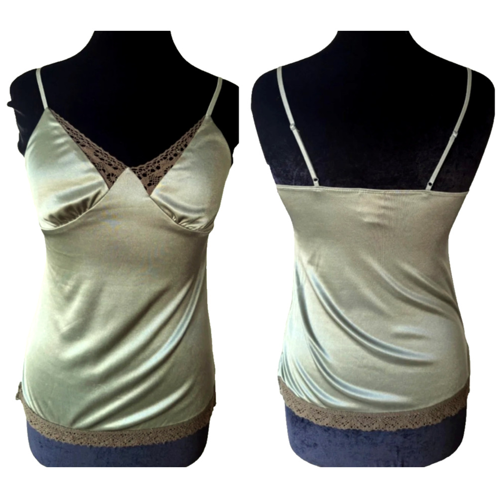 Y2k Xhilaration Cami S Babydoll Sage green Satin w Brown Lace Fairy Whimsigoth